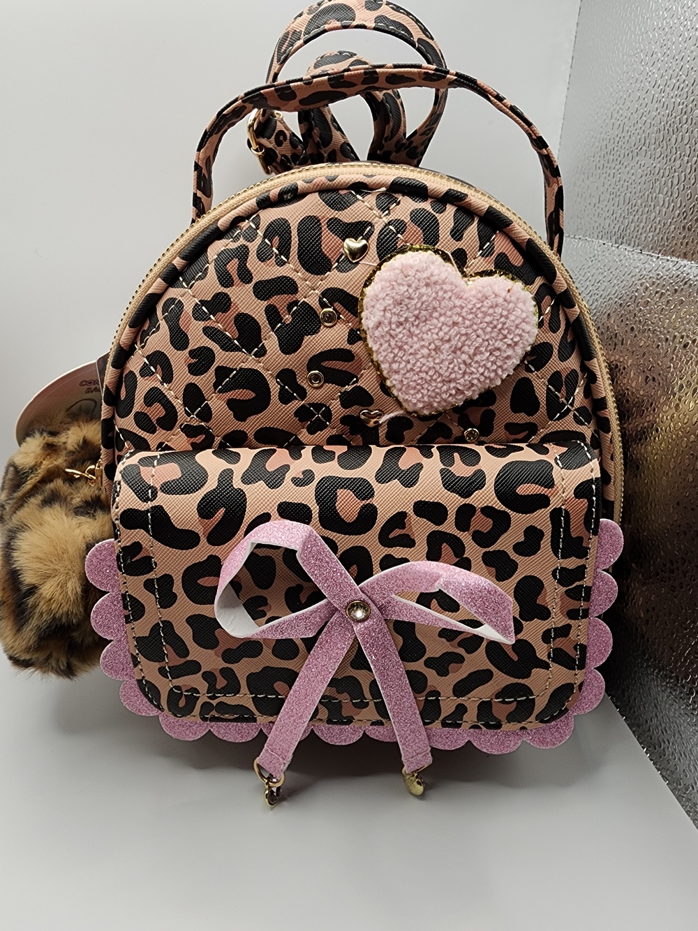 Under One Sky Pink Leopard Heart Mini Backpack with Glitter Bow
